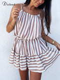 Casual Stripe Mini Dress Women Summer Spaghetti Strap Beach Sundress With Tie Ruffle Elegant Ladies Clothes