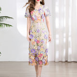 Fongt Banquet Famous Wind V-Neck Short-Sleeved Body-Brace Three-Dimensional Flower Lace Dress 2025 New
