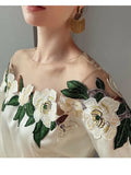 Embroidered Flower Blouse Woman Mesh Patchwork Spring Satin Shirt Lady O-neck Tops Long Sleeve Women's Clothes
