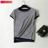 Sleeve Knit Pullover Tops Women Spring Summer Stripe Tshirts Korean White Black Knitwear Jumper Tee New