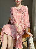 Chinese Summer Style Round-Collar Thin Half-Sleeved Women Loose And Thin Chinese Style Jacquard Forked Cheongsam Dress-Outfit