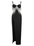 Black Cupped Cut-Out Rhinestone Tassel Maxi Dress-Outfit