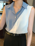 Women Shirts V-Neck Chiffon Button Up Shirt Sleeveless Patchwork Womens Top Fashion Clothes Woman 2023 Basic Ladies