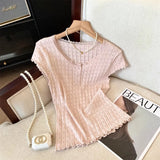 And Comfortable Solid Color Lace Lace Lace Collar Knitted Knit Shirt Short Sleeve Summer New Sweet Thin Top