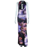 Fongt Women's Clothing 2025 New Digital Printing Sexy Hanging Collar Long Mid-Long Dress Woman