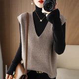 Fongt Blend 2024 Autumn Winter New Ladies Loose V-Neck Short Solid Color Set Knit Vest Vest Vest-Outfit