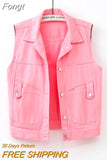 Black Red Pink White Denim Vest Tops Women Spring Summer Washed Ripped Beaded Sleeveless Jacket Lady Jeans Waistcoat