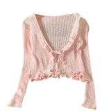 Ruffles Cardigan Slim Women Casual Transparent Sweater Shirts Lady Thin Solid Coats Female Crop Top-Outfit
