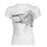 Fongt Graffiti Star Print Bottom Shirt T-Shirt Women's Round Collar Slim Short Sleeve Thread Knit Casual Top-Outfit