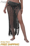 Women’s Sexy Bikini Cover Up Sheer Hollow Out Beach Dress Maxi Knit Skirt Split Tassels Crochet Cover Up Skirts Beachwear