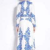 Fongt Retro Elegant Print Dress Women's Spring New French Court Style Waist Single Buckle Long Dress