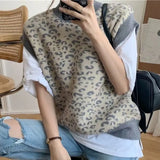 2021 New Spring Winter Women Sweaters Pullover Leopard Sleeveless Korean Style Knitted Vintage Wild Vests