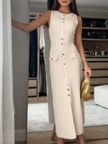 Fongt Ladies Knitted Jersey Dress Round Collar Sleeveless Button Slimming Dress