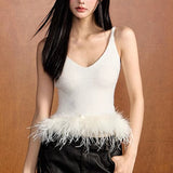 Fongt Temperament Sexy Blouse 2025 Autumn/Winter New V-Neck Splicing Knitted Feathers Slimming Sling Vest Female Tide