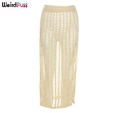 Puss Summer Knitting Sexy Long Skirt Women Elastic See-Through Hollow Out Grid Party Streetwear Bottom Solid Color