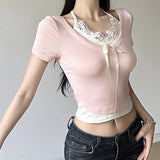 Sweet Spice Girl Lace Splicing Collision Color Fake Two Lace-Up Short-Sleeved T-Shirts Sweet Jackets For