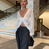 White Sheer Lace Knot Long Sleeve Crop Blouse-Outfit
