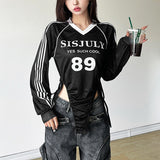 Autumn 2024 New Women's Unique Number Printing Side Striped Pull Rope Design