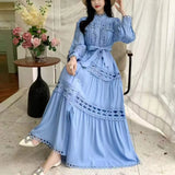 Fongt Style Dress Summer Dress Women's Heavy Industry Hollow Lace Splicing Long French Lantern Sleeve Dress