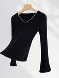 Fongt Temperament Commuter Black V Neck Nail Bead Sweater Women's New Early Spring Horn Sleeve Slim Long Sleeve Jacket-Outfit