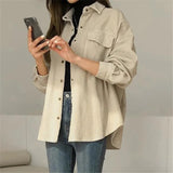 Style Corduroy Jacket Women Casual Solid Single Breasted Turn Down Collar Long Sleeve Shirt Blouse Feminina