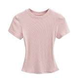Trend Women's Wear Thread Slim Short-Sleeved T-Shirt Sexy Round Collar Solid Color Shoulder Show Thin Short Navel Blouse-Outfit
