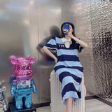 Women Blue Short Sleeve Split T-shirt Dress 2023 Summer Loose Mid-length Over-knee Stripe Splicing Lace Neck One Piece