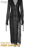 Through Women's Summer Mesh Dress for Beach V Neck Long Sleeve Transparent Maxi Dresses for Women Beachwear Pink