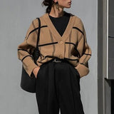 Plaid Cardigan Sweater Women Lantern Sleeve Casual Loose Jumper Autumn Winter V Neck Knitted Oversized Cardigans