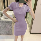 POLO Collar Blue Mini Dress Women Casual Sheath Button Short Sleeve Solid Knitted Dresses Lady Outfit 2021