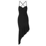 Fongt Summer New Temperament Hanging Neck Back Tie Slim Empty Lotus Leaf Skirt Dress