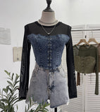 Real Shooting Denim Splicing Mesh Design Long-Sleeved T-Shirt Wearing Rope Tie Short Repair Body Coat