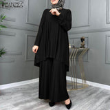 ZANZEA Women Muslim Sets Islamic Clothing Plain Suits Morocco Turkish Pleated Full Sleeve Tops Wide Legs Long Pants