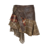 Fongt Cloth Forgets The Stray Girl Wasteland Wind Wearing A Check-And-Dress Splicing Skirt Retro V-Shaped Waist Lace Skirt