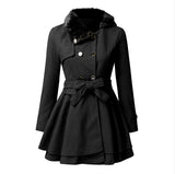 Fongt Women's Belt Repair Long Hair, Coat Skirt With Wool Double Buckle Coat
