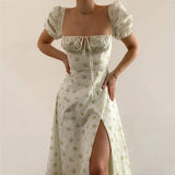Fongt Women's New Floral Square Collar Sexy Slit Big Swing Autumn And Winter Dress