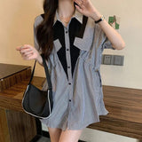 Lady Patchwork Striped Loose Blouse Female Clothing Stylish Shirring Single-breasted Summer Korean All-match Midi Shirt-Outfit