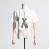 Fongt Summer New Set Diamond Sequin Bow Design Sense Short-Sleeved T-Shirt Women's Niche Design Sense Short Jacket-Outfit