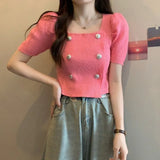Temperament Button T-Shirt Girl Summer New Korean Hoodie Thin Square Collar Fashion Wear Short-Sleeved