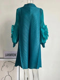 Ruffles Sleeves Pleated Dress For Women Round Neck Solid Color Patchwork Dresses Female 2024 Elegant Clothing TH3540-Outfit