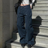 Rivet Design Irregular Loose Straight Jeans Women's Fashionable Solid Color Casual Trousers-Outfit