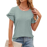 2024 New Round Collar Solid Color Petals Short-Sleeved Casual T-Shirt-Outfit