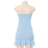 Women Soft Tender Slight Blue Strapless Wrap Hipster Mini Pleated Dress Pullover Sexy Charm Outfits Girls Dating Wear-Outfit