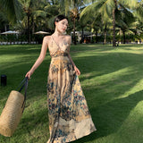 Fongt Retro Halter Dress Female V Collar Small Back Hollow Show Thin Holiday Fairy Skirt Spring-Outfit