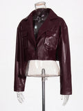 Fongt Temperament Jacket Jacket Female 2024 Autumn New Design Sense Big Lapel Splicing Pocket Short Leather Coat Female-Outfit
