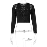 Dark Cyber Y2k Women Hollow Out T-shirts Punk Black White Autumn Sexy Cropped Tops Long Sleeve Patchwork Basic