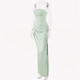 Satin Draped Tube Bodycon Maxi Dress-Outfit