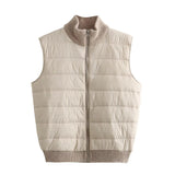 Fongt New Women's Versatile Striped Standing Collar Zipper Sleeveless Padded Jacket Patchwork Knit Vest-Outfit