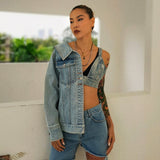 Patchwork Asymmetrical Denim Coat Women Long Sleeve Off Shoulder V Neck Sexy Denim Tops Female Fashion 2020