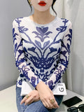 Printing Positioning Flower Long Sleeved Round Neck Slim Fit Top Women Autumn Spring Stretchy Mesh T-shirts FF0875-Outfit